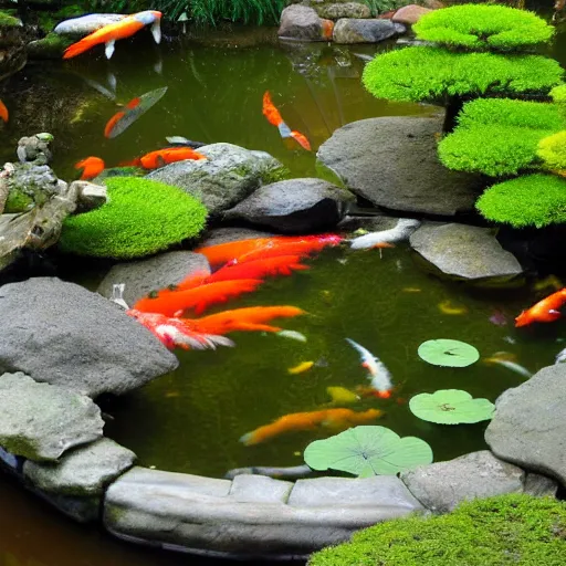 Prompt: photo of a koi pond in a Japanese garden, beautiful, high detail, golden ratio, amazing,