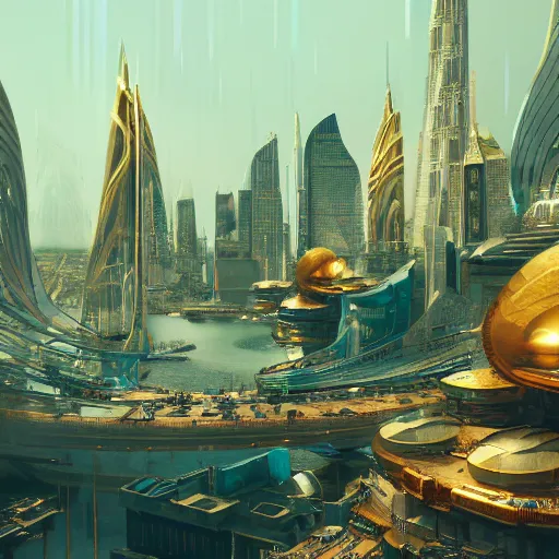 Image similar to a golden fantasy sci fi luxurious city with cerulean oceansides, scandinavian / norse influenced, cinematic, ray traced, octane render, cinematic lighting, ultrarealistic, featured on artstation, 8 k uhd artwork