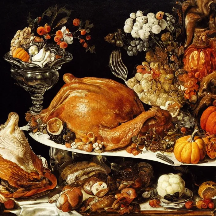 Image similar to victorian thanksgiving feast, black background, vanitas, a flemish baroque by jan davidsz. de heem, a still life by giuseppe arcimboldo, pinterest, rococo, hd, intricate high detail masterpiece