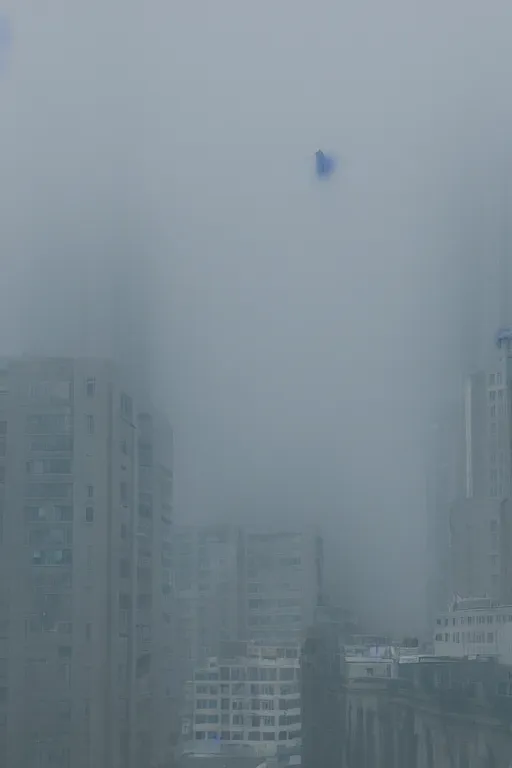 Prompt: empty urban city, foggy, silhouette in sky, floating people