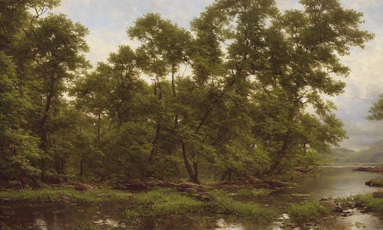 Image similar to a serene landscape painting by william trost richards