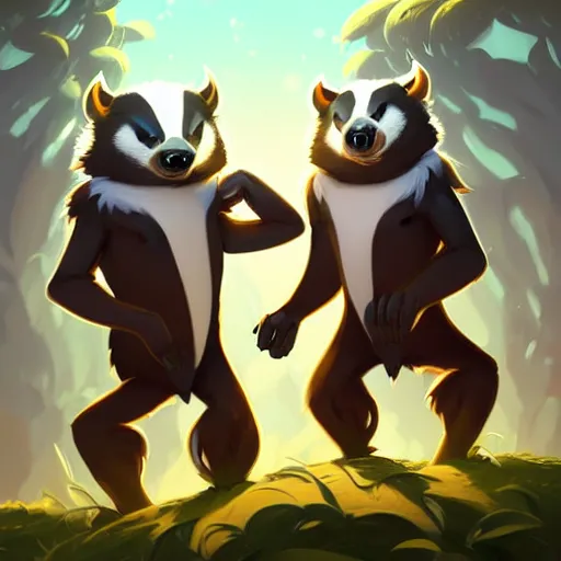 Prompt: two anthropomorphic badger brothers in fancy outfits, one brown tan domino one black white markings, pointy ears, fanart ornate fantasy ori and the blind forest cover style official behance hd artstation by jesper ejsing, by rhads, makoto shinkai and lois van baarle, ilya kuvshinov, rossdraws pastel vibrant