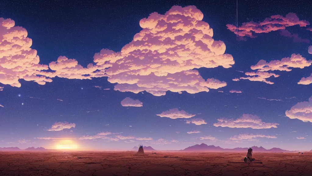 Prompt: highly detailed illustration of a desert at night and lots of high exposure cummulonimbus clouds by makoto shinkai, by oliver vernon, by joseph moncada, by damon soule, by manabu ikeda, by kyle hotz, by dan mumford, by otomo, 4 k resolution