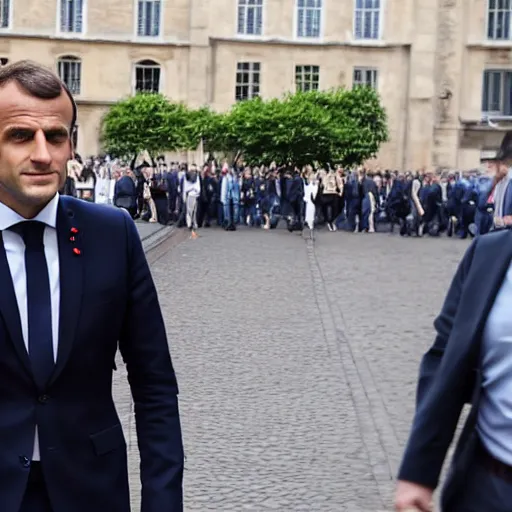 Image similar to 1750 Emmanuel Macron walking, 150mm photography, high quality, 4K