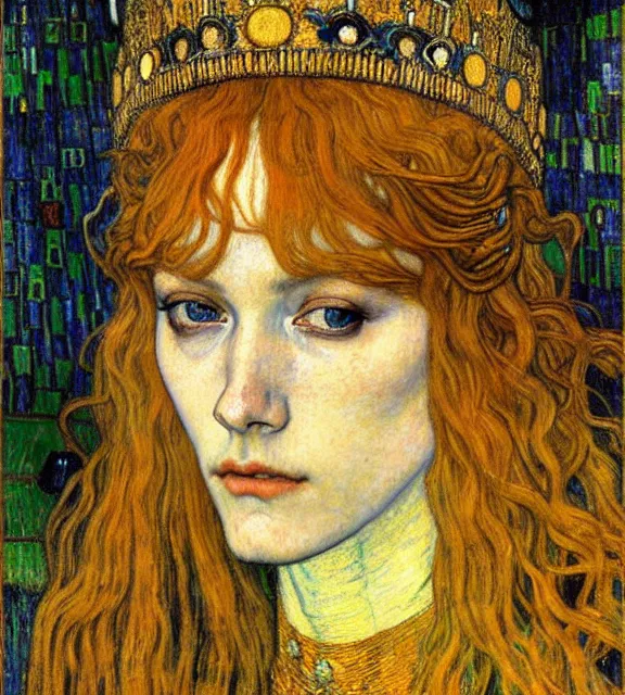 Image similar to detailed realistic beautiful young medieval queen face portrait by jean delville, gustav klimt and vincent van gogh, art nouveau, symbolist, visionary, gothic, pre - raphaelite, muted earthy colors, desaturated