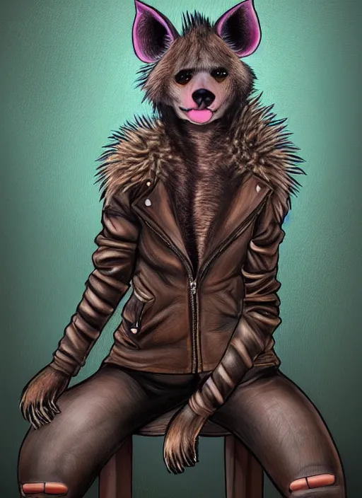 Image similar to award winning beautiful portrait commission of a female furry anthro hyena fursona with a bushy tail and a leather jacket, in a rock bar!!, cute, beautiful, attractive, detailed,