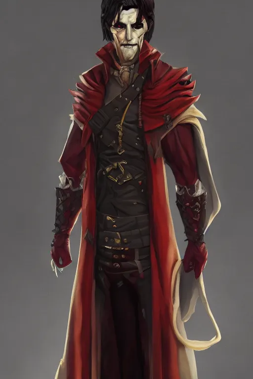 Prompt: full body painting of an intimidating male vampire in the style of Pathfinder by Cushart Krenz and Dittmann Anna, handsome face, long coat, long dark hair, red eyes, highly detailed, trending on artstation, cgsociety, 4k, 8k, HDR, octane render, unreal engine
