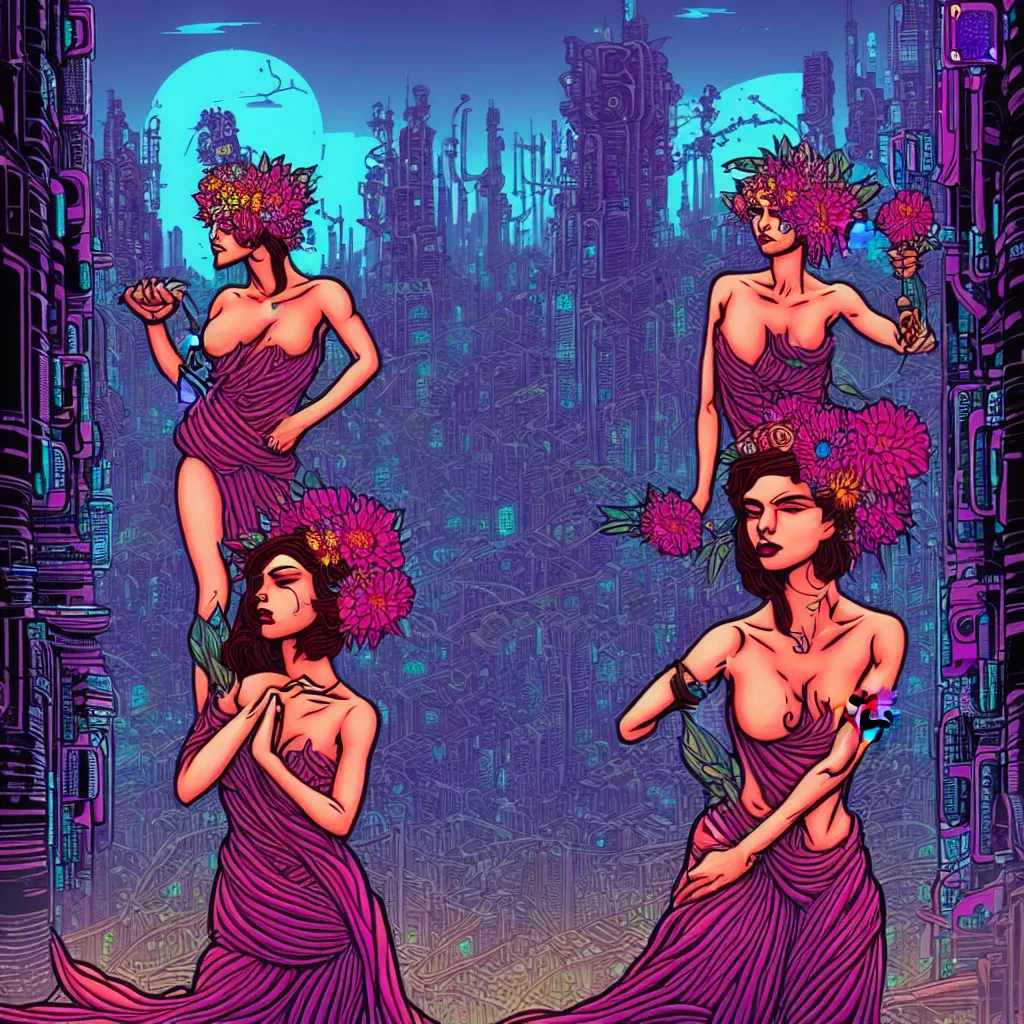 Prompt: flower goddess in a sensual pose, in the style of Dan Mumford's artwork, with a futuristic cyberpunk city in the background.