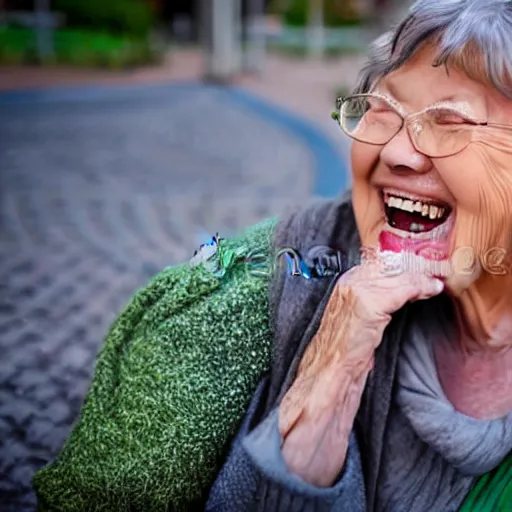 Image similar to an old woman laughing in a park with a thin translucent oxygen tubing under her nose, 4 k, stock photo