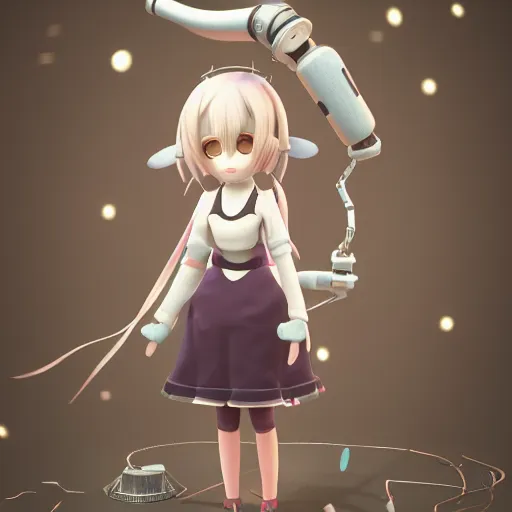 Image similar to cute fumo plush of a girl with a mechanical arm, bokeh, anime girl, vray