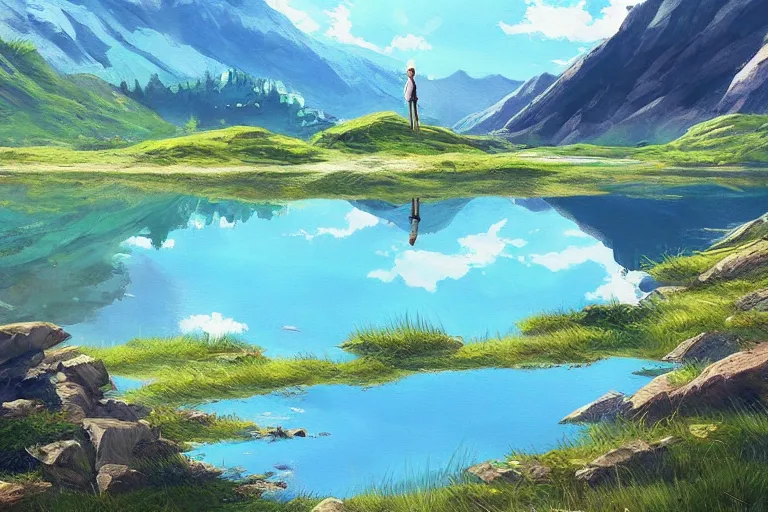 Prompt: Anime painting of a lake and mountain landscape, relaxed, calm, atmospheric, peacefull, trending on artstation, kimi no na wa