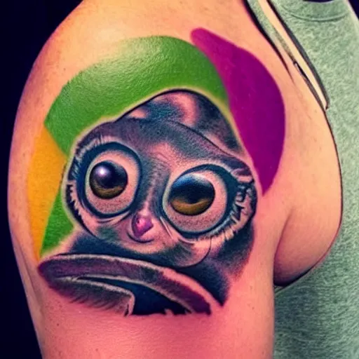 Prompt: shoulder tattoo of a cute bush baby with trippy rainbow spiral eyes and glowing multicolored chakra symbols, meditative, insanely integrate