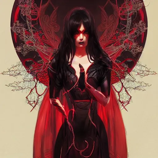 Prompt: japanese spider goddess, d & d, black and red color palette, highly detailed, digital painting, artstation, concept art, sharp focus, illustration, cinematic lighting, art by artgerm and greg rutkowski and alphonse mucha