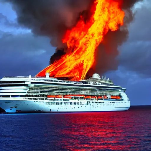 Prompt: cruise ship on fire in the middle of the ocean, with stormy clouds looming in background. scenic, far shot, gorgeous, 4 k