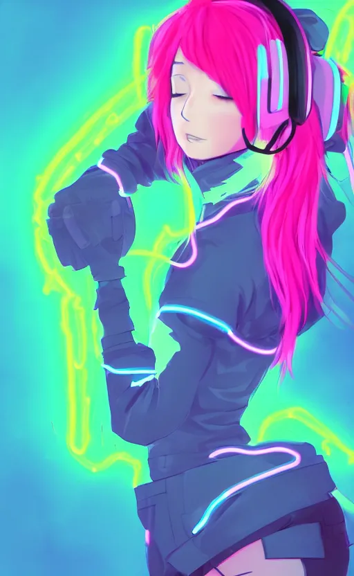 Prompt: anime girl with glowing neon hair wearing fit neon clothing and headphones while holding a laptop, WLOP, concept art, digital painting, trending on artstation, highly detailed, epic composition, 8k UHD