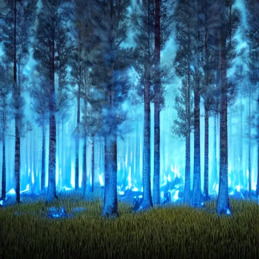 Image similar to a forest burning with blue fire, tragic scene, render