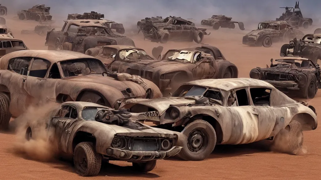 Image similar to mad max cars in a pixar movie