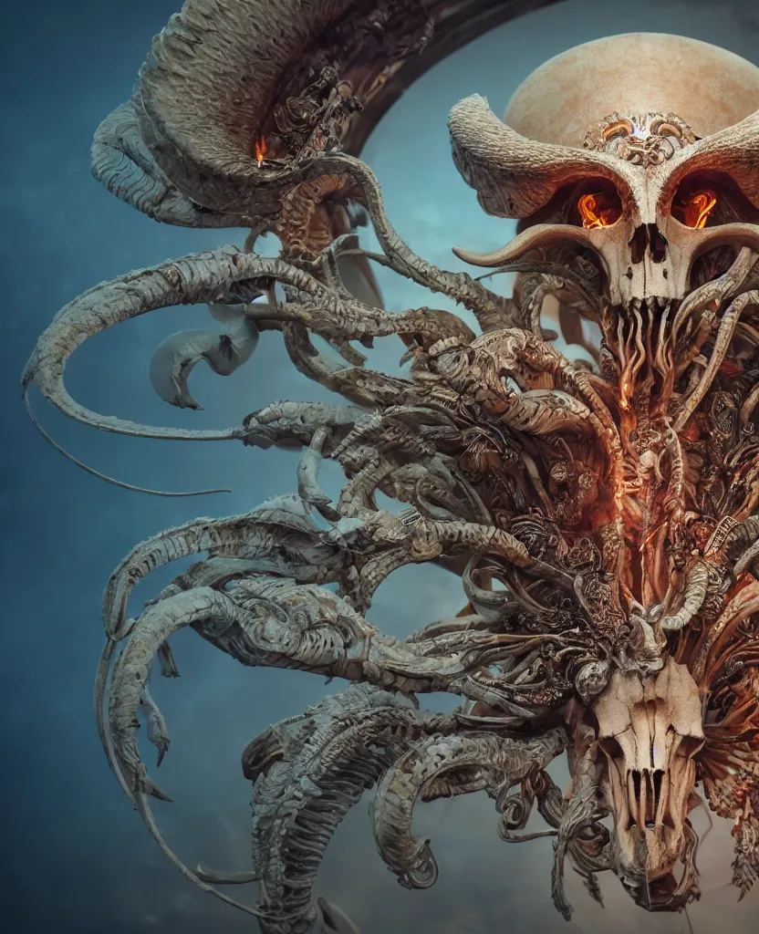 Prompt: close-up macro portrait of the face of a beautiful princess with ram animal skull mask, epic angle and pose, ribcage skeleton symmetrical artwork, 3d with depth of field, blurred background, cybernetic jellyfish female face phoenix bird, translucent, nautilus, energy flows of water and fire. a highly detailed epic cinematic concept art CG render. made in Maya, Blender and Photoshop, octane render, excellent composition, cinematic dystopian brutalist atmosphere, dynamic dramatic cinematic lighting, aesthetic, very inspirational, arthouse. y Greg Rutkowski, Ilya Kuvshinov, WLOP, Stanley Artgerm Lau, Ruan Jia and Fenghua Zhong