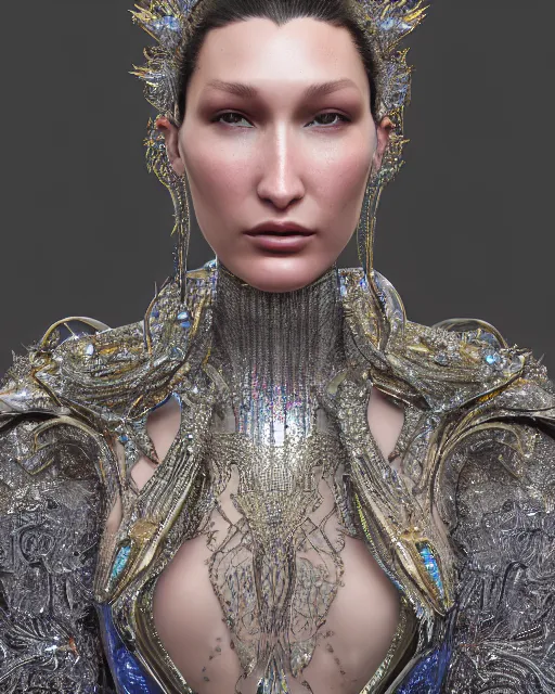 Image similar to a highly detailed metahuman 8 k close up render of bella hadid renaissance in iris van herpen dress schiaparelli in diamonds crystals swarovski and jewelry iridescent in style of alphonse mucha trending on artstation made in unreal engine 4