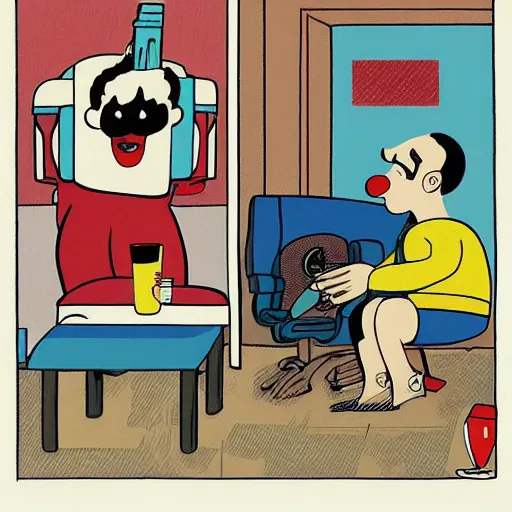 Image similar to the greek god eros who is a clown, has hurt his knee and sitting in a chair and is watching the game on tv with a beer in hand, by chris ware