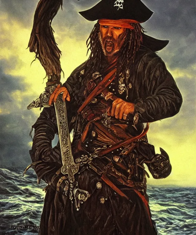 Image similar to ultra realistic color portrait painting of a ghost 1 7 th century pirate with a sword in a grotto, dark, painted, brooding, atmospheric, seascape, horror, smooth, epic, highly detailed, cinematic, by larry elmore