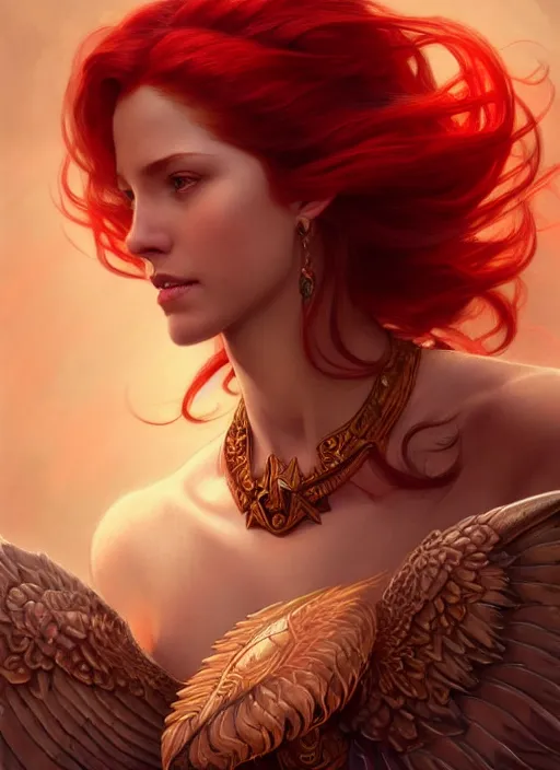 Image similar to a beautiful red haired woman with wings of fire, deep focus, d & d, fantasy, intricate, elegant, highly detailed, digital painting, artstation, concept art, matte, sharp focus, illustration, hearthstone, art by artgerm and greg rutkowski and alphonse mucha