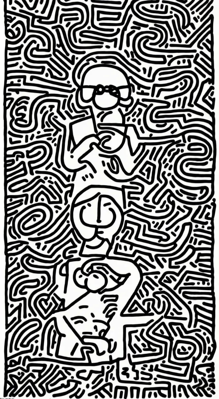 Image similar to line portrait of larry david eating a bagel by keith haring. hyper - realistic, 8 k, hd