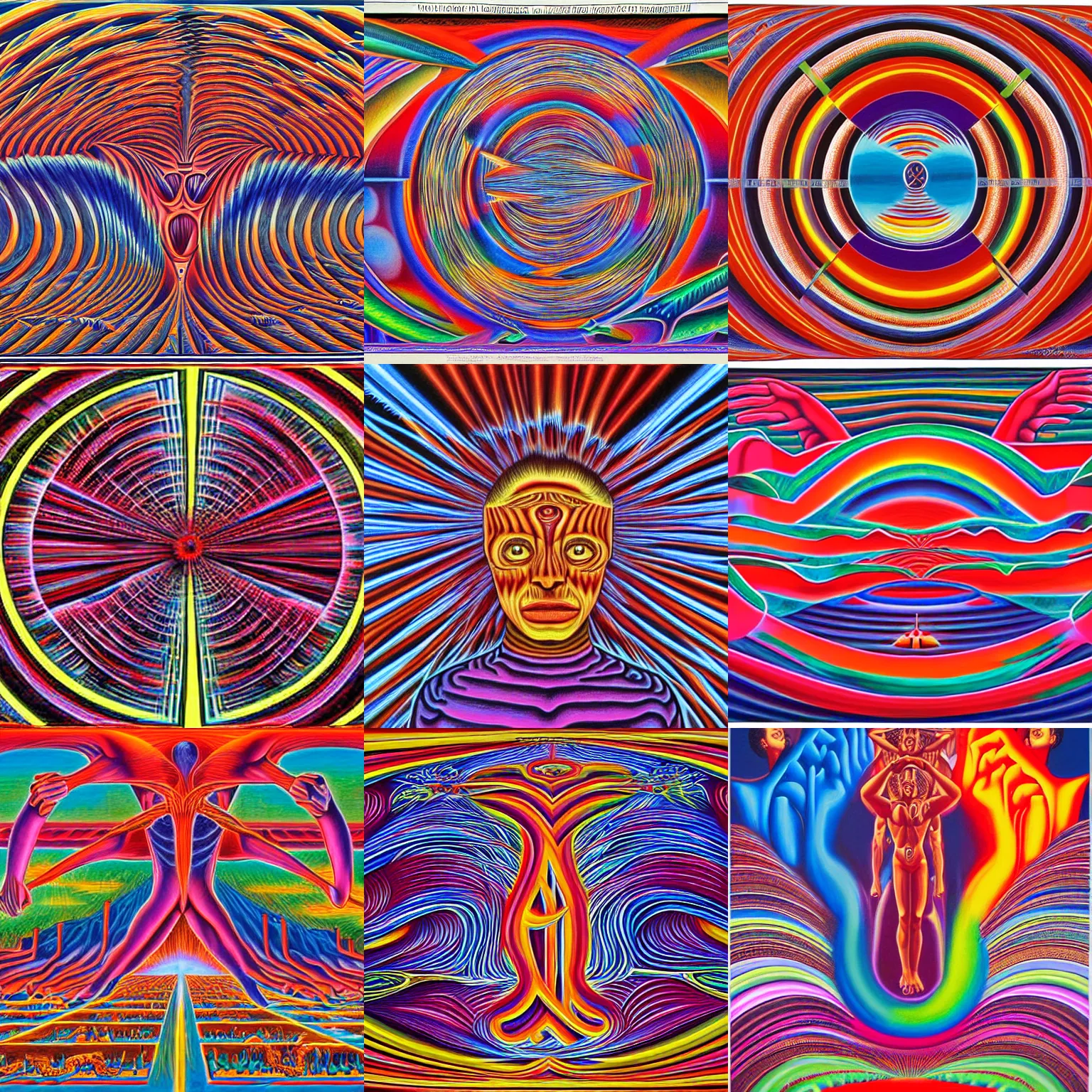 Prompt: horizontal labor camp painting by alex grey