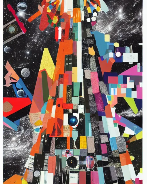Prompt: Artistic collage, made of random shapes cut from fashion magazines, science magazines, and textbooks, of 2001: A Space Odyssey film poster. 1968