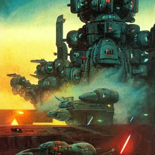 Image similar to war machines from a gate in hell, chris foss, john harris, beeple, wayne barlowe