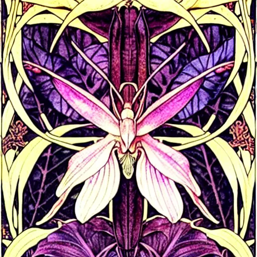 Image similar to orchid mantis by William Morris and Carlos Schwabe, horizontal symmetry, exquisite fine details, baroque ornamentation, Art Nouveau botanicals, deep rich moody colors