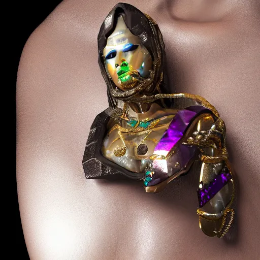 Image similar to female with visible gems inlaid her skin, cyberpunk style, gems, cameo, marble, gold, bones, 8k, details, studio lighting, realism