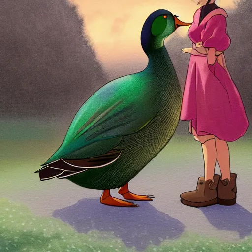 Image similar to A medium format portrait of a mallard duck encouraging a pretty girl that she’s going to have a great day and go on many adventures, in the style of Studio Ghibli, artstation, highly detailed, digital painting, smooth, 8k, elegant