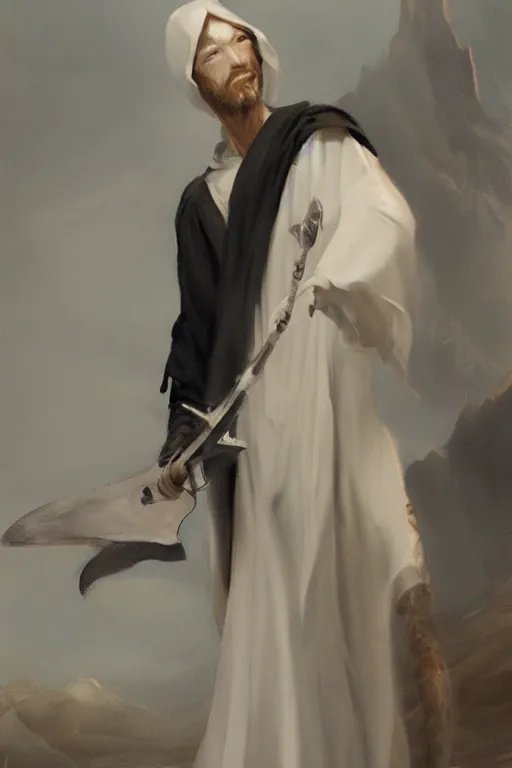 Image similar to fantasy painting of a pale man dressed in robes with a black blade, painted by Bayard Wu, ultra detailed, 8k