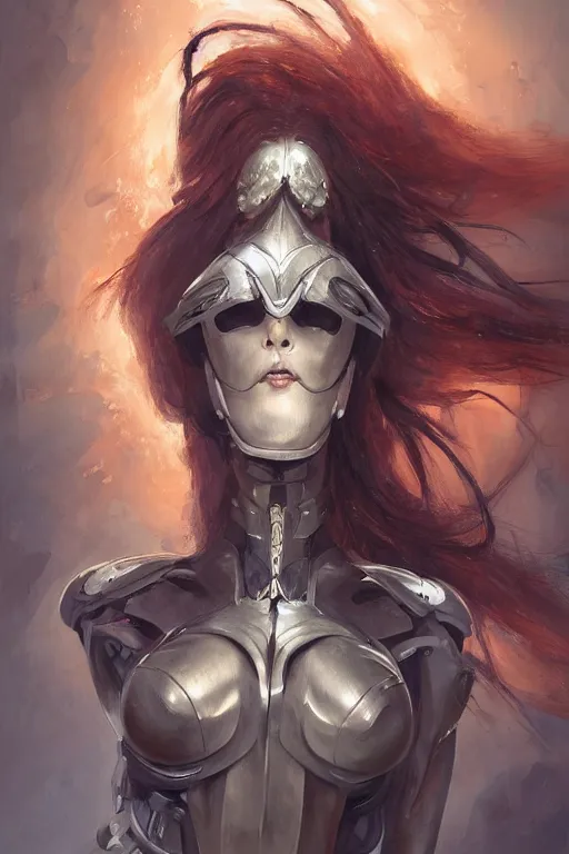 Image similar to a professional painting of a beautiful fallenangel mech woman, warhammer style , olive skin, long dark hair, beautiful bone structure, symmetrical facial features, intricate, elegant, digital painting, concept art, smooth, sharp focus, illustration, from Metal Gear, by Ruan Jia and Mandy Jurgens and Artgerm and William-Adolphe Bouguerea