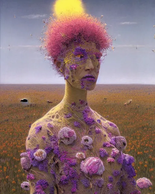 Prompt: A portrait of a woman wearing clothes made out of dying flowers, nuclear explosion in the background, Masterpiece, yellow skin, glowing, wires everywhere, by Edgar Maxence and Ross Tran, Zdzisław Beksiński, and Michael Whelan, distant, gustav dore, H.R. Giger, 8k, octane render