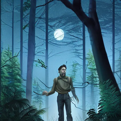 Image similar to Samuel Vimes is investigating in the Forbidden Forrest at midnight, full moon, blue tones, detailed, hyperrealistic, colorful, cinematic lighting, digital art by Kate Oleska