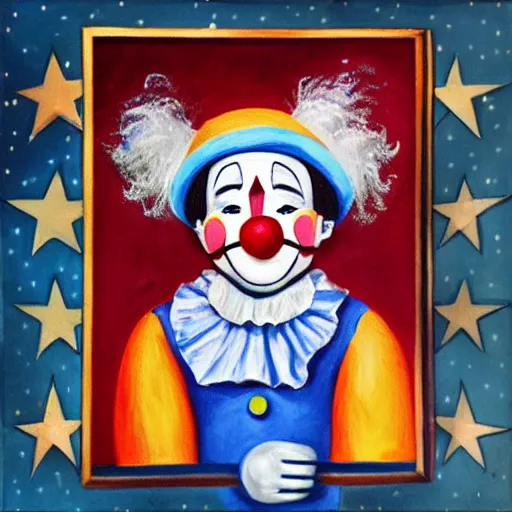 Prompt: Five star clown oil painting