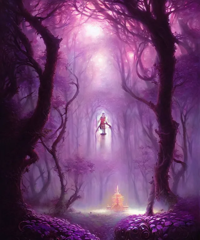 Image similar to ultra detailed magical realism portrait painting of the beautiful empress of the enchanted glowing purple forest, volumetric lighting, depth of field, illusion, intricate details, by greg rutkowski, peter mohrbacher.