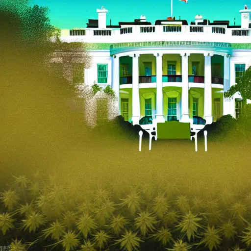 Prompt: a architectural portrait of the white house surrounded in wild blooming cannabis, and hippies crawling from the brush, cg art, fine art, highly detailed, digital painting, cgi, volumetric lighting, sunny atmosphere