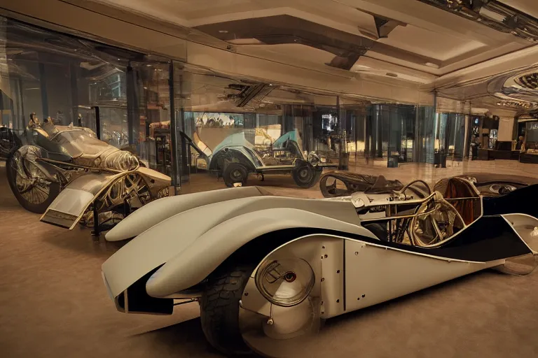 Image similar to cyberpunk 1 9 2 6 bugatti type 3 5, volumetric lighting, in a museum, museum exhibit, museum lighting, 9 0 s film photo