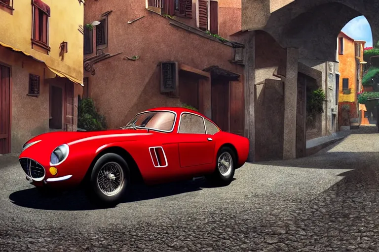 Image similar to a wholesome animation key shot of!! one!! focused!! ferrari 2 5 0 gt!! in beautiful cinque terre italian street, medium shot, studio ghibli, ( pixar ) and disney animation, sharp, very detailed, high resolution, rendered in unreal engine 5, anime key art by greg rutkowski, bloom, dramatic lighting