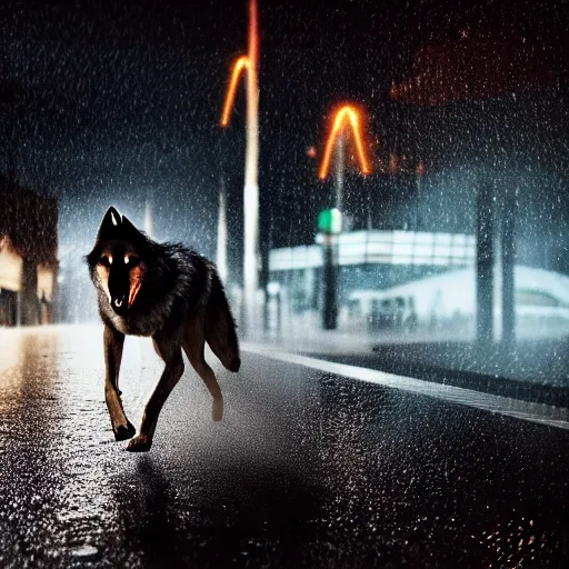 Image similar to an anthropomorphic male wolf running in the streets, night, rain, cinematic, photograph, volumetric lighting, f 8 aperture, cinematic eastman 5 3 8 4 film, photorealistic