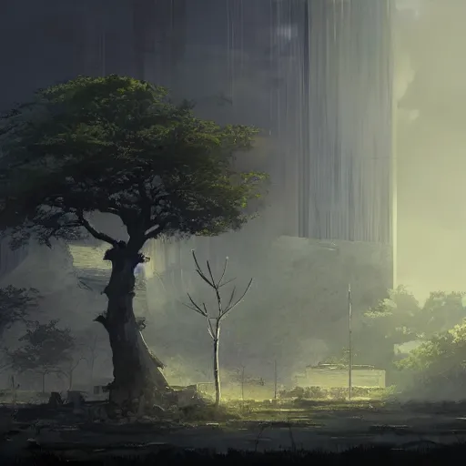 Image similar to apocalyptic ruins. One single Sakura tree growing. Atmospheric lighting, gloomy, dark, end of the world, ruins, everything is dead, post apocalyptic. Makoto Shinkai, anime, trending on ArtStation, digital art.