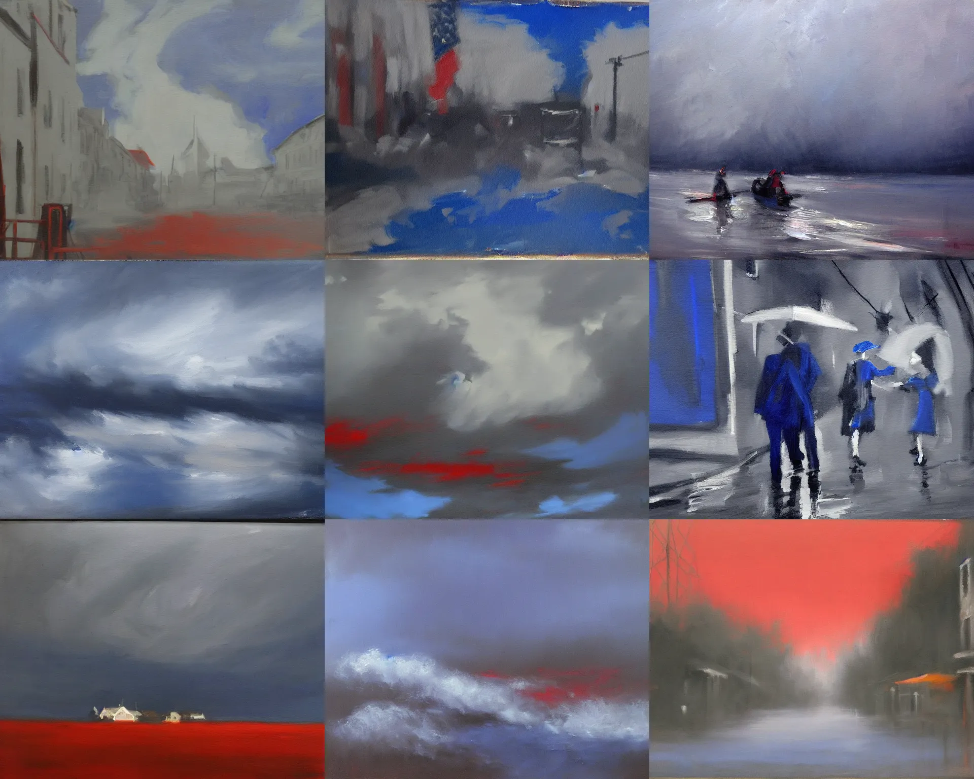 Prompt: fema wizards fighting a hurricane, painting in tonalist style,, gritty, cobalt blue, payne's grey, venetian red