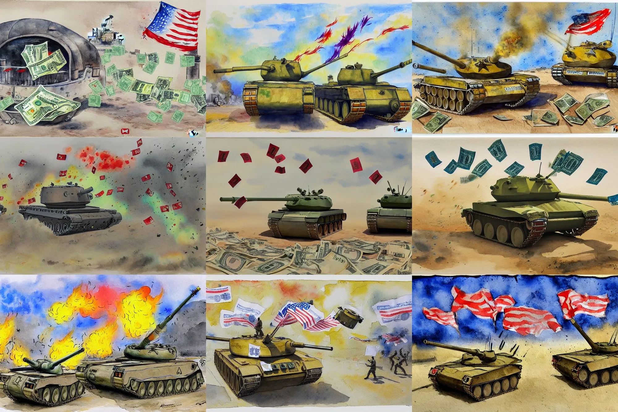 Prompt: tank fires with dollar banknotes, banknotes flying from barrel, aquarelle painting, by amiet cuno