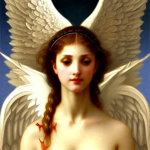 Image similar to Winged girl angel, face, fantasy, intricate, elegant, highly detailed, digital painting, artstation, concept art, smooth, sharp focus, illustration, art by John Collier and Jean-Leon Gerome and William Bouguereau and Albert Aublet