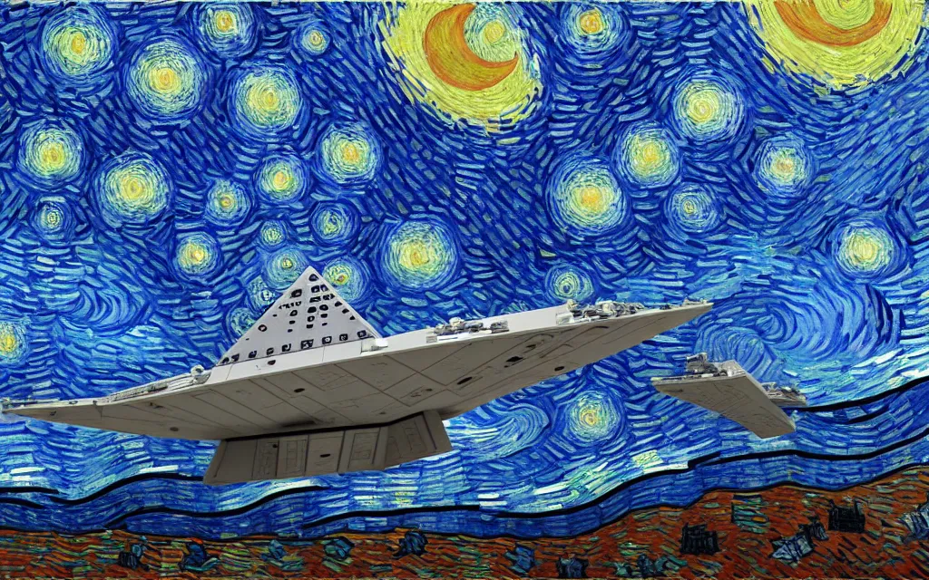 Image similar to star wars star destroyer from star wars flying between the stars inpainting in the starry night by van gogh