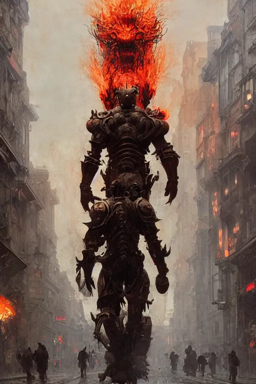 Image similar to huge bipedal hell demon with bulbous torso and flaming head wearing armour walks down city street, painted by ruan jia, raymond swanland, lawrence alma tadema, zdzislaw beksinski, norman rockwell, jack kirby, tom lovell, alex malveda, greg staples