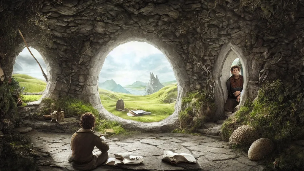 Image similar to frodo writing in his journal inside his hobbit hole bag end at the end of his journey, hobbiton visible through a window, by alan lee, michal karcz, smooth details, lord of the rings, game of thrones, smooth, detailed terrain, oil painting, trending artstation, concept art, fantasy matte painting, over the shoulder shot